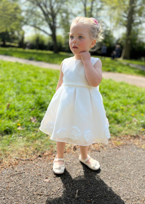 Ivory Organza Knee Length Cute Flower Girl Dress